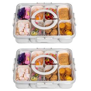 WACOI Divided Snack Serving Tray with Lid and Handle Travel Snackle Charcuterie Container Portable Storage Organizer for Candy, Fruits, Nuts, Snacks, Party, Picnic 2 Packs White