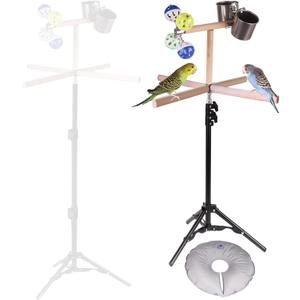 Bird Stand for Inside, Training T-Perch with 15-39 Inch Adjustable Height Tri-pod Base, Parakeet Spinning Perch with Feeding Cups, Exercise Stand for Inside (Upgrade)