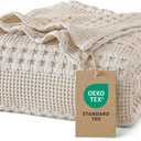 PHF 100% Cotton Waffle Weave Blanket Queen Size for Bed, Soft Lightweight & Breathable for Spring and Summer, All-Season Comfort, Luxury Aesthetic Blanket for Home Decor, 90"x90", Light Taupe/Oatmeal