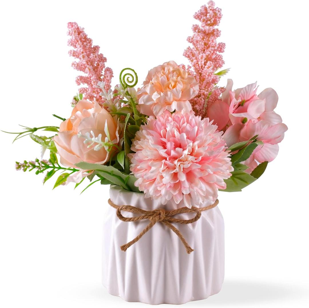 Artificial Potted Flowers Pink, Small Ceramic Vase Fake Flower Plants Desktop Decoration Indoor for Home and Office, Faux Flowers Hydrangea Decora for Table,Bookshelf,Bedroom,Living Room,Party.(Pink)
