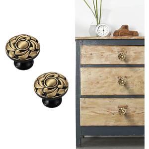 2 Pack Brass Cabinet Knobs Antique Floral Pattern Cupboard Knobs Metal Drawer Knobs Solid Brass Kitchen Hardware Black Round Knobs Handles for Cabinet Drawer Wardrobe (Single Hole, Black) (Single Hole, Black)