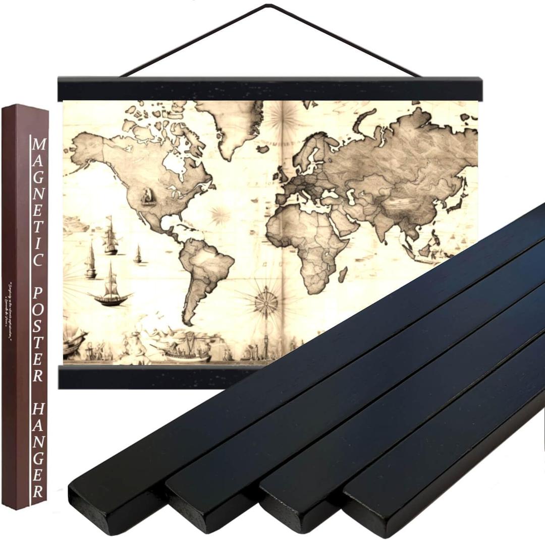 52" Magnetic Poster Hanger Frame - Sturdy Teak Wood Poster Frame 52x20 52x32 52x36, Strong Magnets for Easy Hanging Map Picture Canvas Print Scroll Wall Art (52 Inch, Black) (52, Black)
