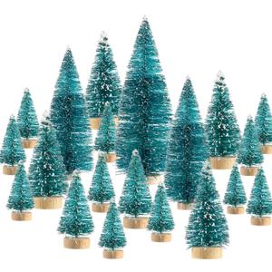 SATINIOR 60 Pieces Artificial Mini Christmas Tree Sisal Snow Trees Bottle Brush Christmas Trees Pine Trees Ornaments with Wooden Base for Christmas Party Home Decoration (6 Sizes, Blue Green)