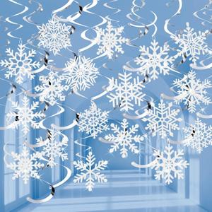30Pcs Winter Snowflake Hanging Swirl Decorations, White Christmas Glitter Snowflake Hanging Swirls Ornaments Ceiling Streamers for Xmas Winter Wonderland Frozen New Year Birthday Party Supplies
