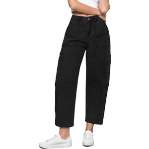 GRAPENT Barrel Jeans for Women Trendy High Waisted Cropped Cargo Pocket Baggy Stretch Denim Pants Wide Leg Tapered Jeans (Medium, True Black)