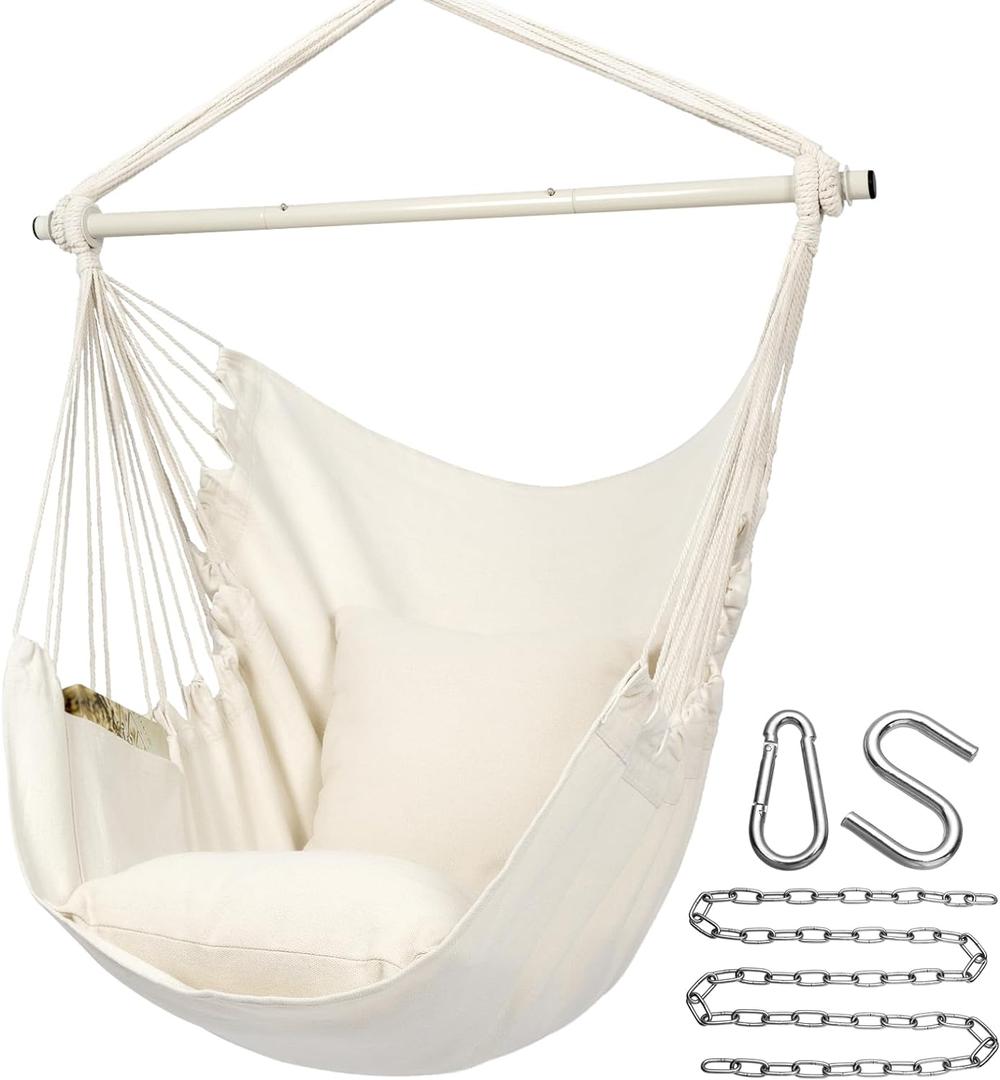 Y- STOP Hammock Chair Hanging Rope Swing Chair, Max 500 Lbs, 2 Seat Cushions Included, Removable Steel Spreader Bar with Anti-Slip Rings for Indoor or Outdoor (Beige)