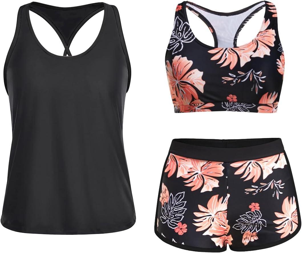 Yonique 3 Piece Athletic Tankini Swimsuits for Women with Shorts Swim Tank Tops with Sports Bra and Boyshorts Bathing Suits (X-Large, Pink Floral & Black)