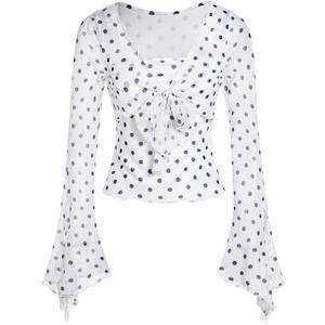 Verdusa Women's Y2K Cute Bell Sleeve Tops Floral Print Mesh Summer Long Sleeve Going Out Tops 2000s Clothing, X-Small (Polka Dots White)