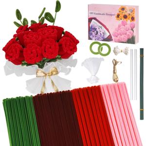 SZXYMUQI Pipe Cleaner Flower Kit, DIY Rose Bouquet Craft Kit for Adults, 500 PCS Chenille Stems Floral Art Set, Handmade Flower Making Kit with Tape & Ribbon for Hobby, Home Decor & Gifts