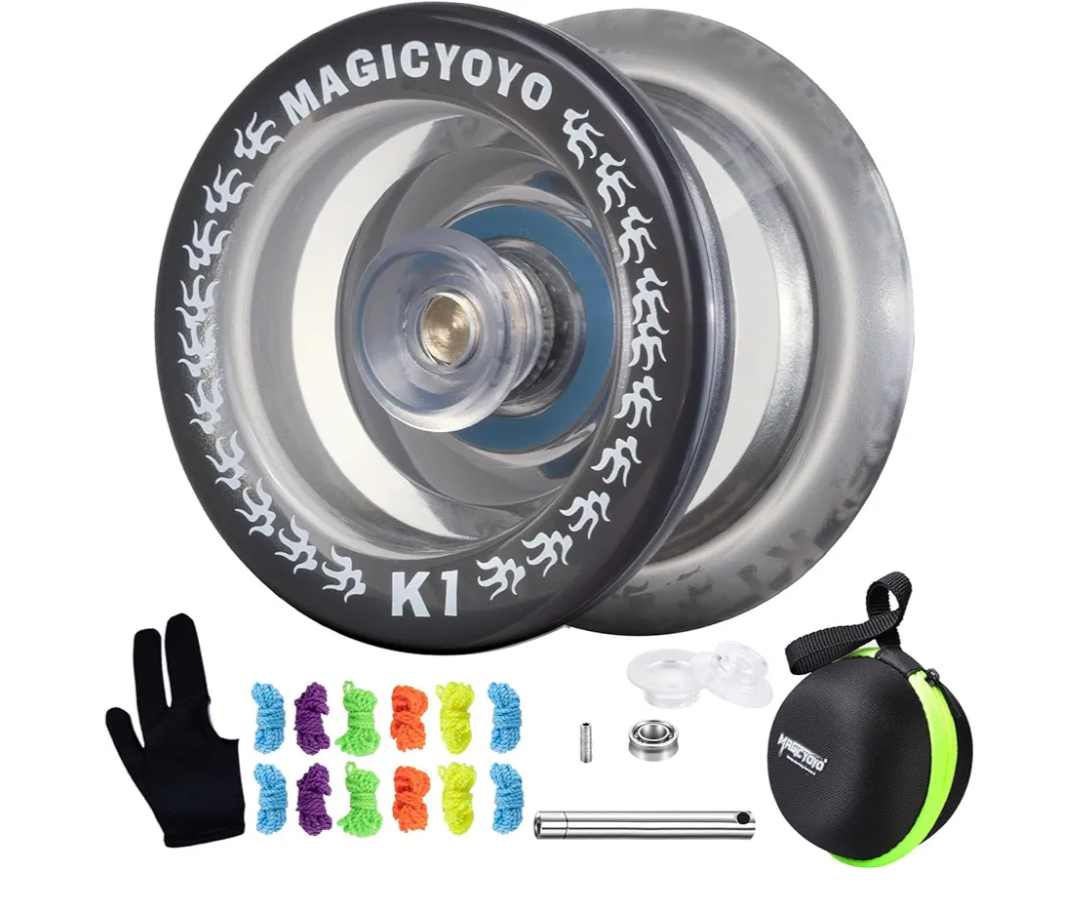 MAGICYOYO Responsive Yoyo K1 Tug Return Yoyo, Hubstacks Yoyo for Kids Beginners Dual Purpose Yoyo with Unresponsive Bearing, Sturdy Storage Bag + 12 Yoyo Strings +Yo-Yo Glove +2 Yoyo Hubstacks(Black)