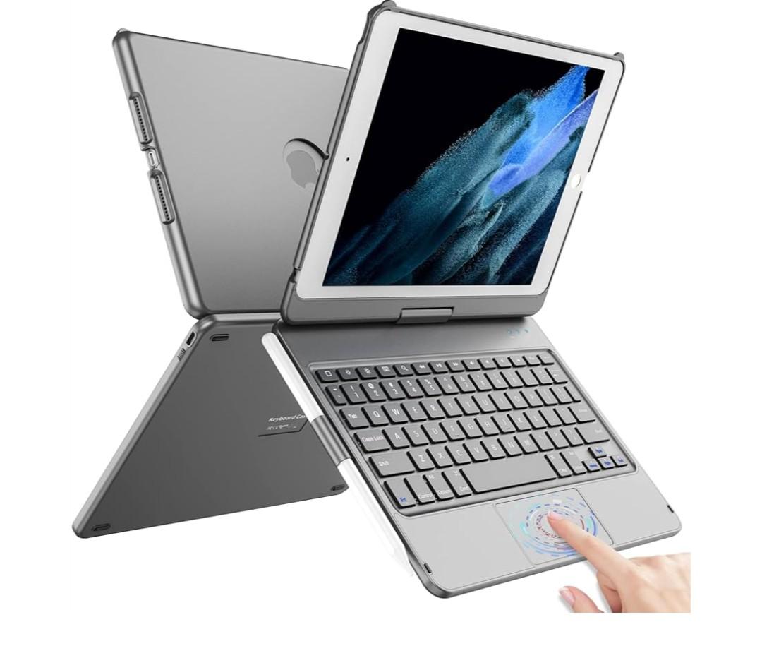 TQQ Touch for iPad 9th Generation Case with Keyboard (10.2", 2021), Multi-Touch Trackpad, 360° Rotatable Protective Cover for iPad Keyboard 9th/8th/7th Gen with Pencil Holder (Gray)