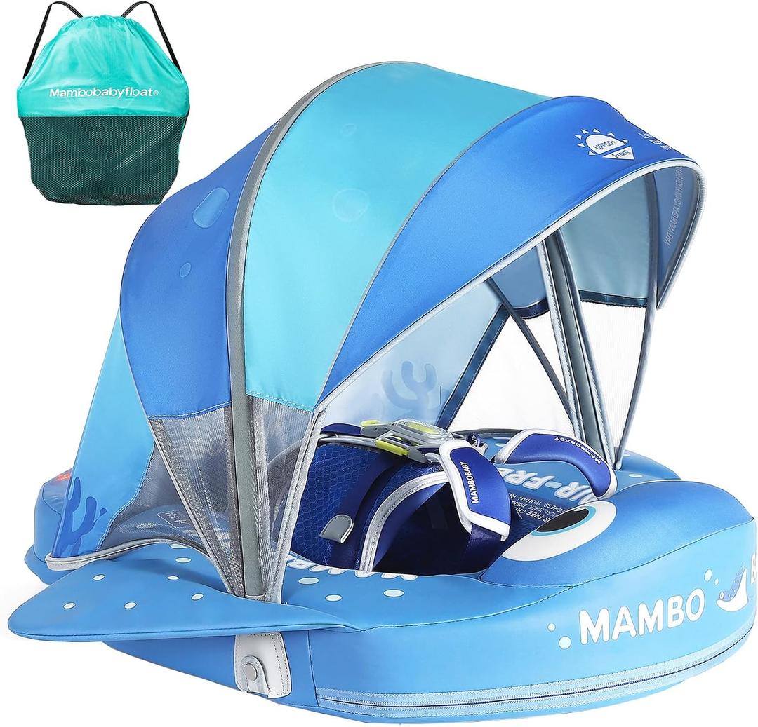 Mambobaby Float with Canopy and Tail New Upgraded Non-Inflatable Baby Pool Float Mambo Float Swim Trainer Solid Infant Swim Float Adjustable Pearl Foam Baby Swim Ring