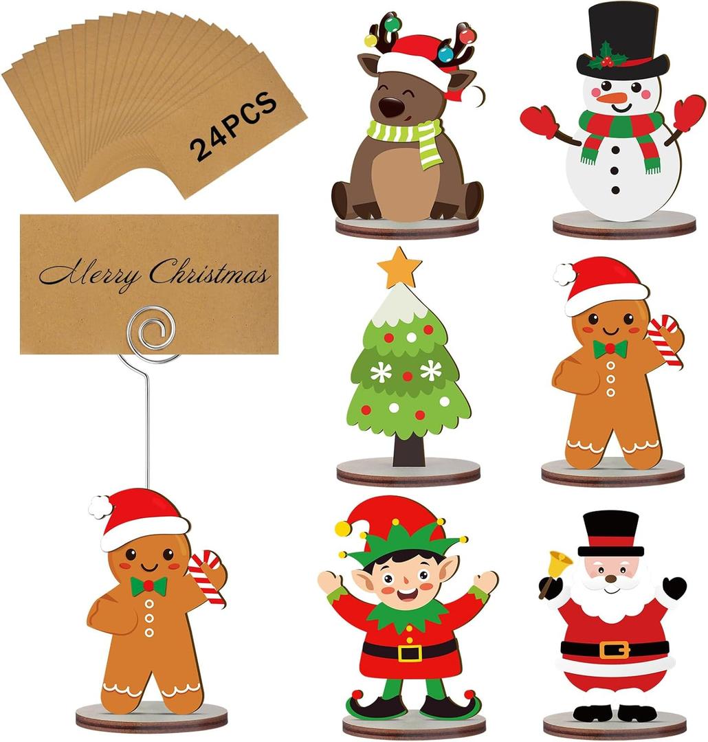 24 Pcs Christmas Wooden Place Card Holders with 30 Kraft Place Cards Santa Snowman Elk Memo Number Name Photo Picture Note Clip Holder Tabletop Stands Gifts for Xmas Party Table Decoration