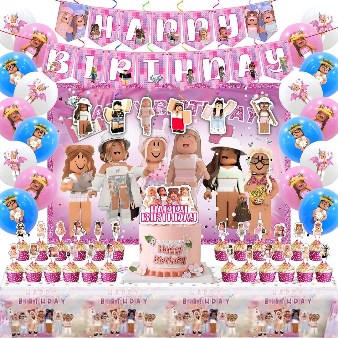 Birthday Party Supplies - Theme Children's Party Decorations Included 18-Balloons, 1-Backdrop, 1-Banner, 6-Hanging Swirls, 1-Tablecloth, 24-Cupcake Cake Toppers