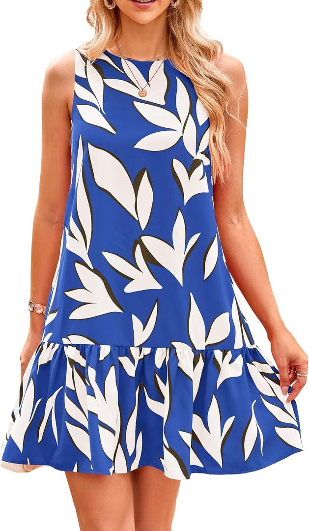 PRETTYGARDEN Women's 2025 Summer Boho Floral Mini Dress Sleeveless Backless Short Wedding Guest Beach Vacation Sundresses (XX-Large, Floral Blue Beige)