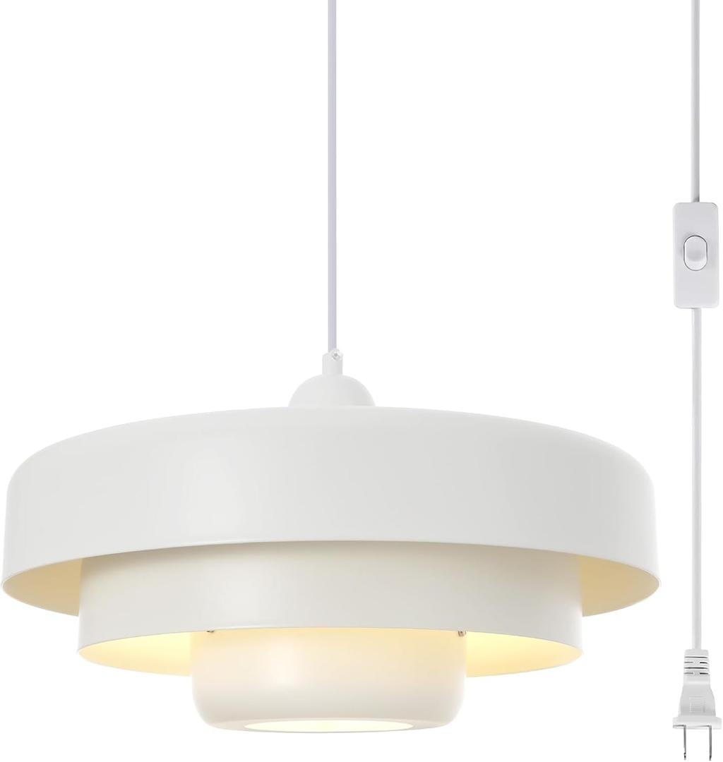 Hanging Lamp Plug in White Pendant Light Fixtures Mid Century Modern Pendant Lamp with 3-Layer Metal Shade Plug in Hanging Light for Kitchen Island Dining Room Bedroom