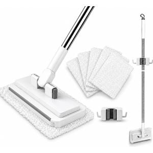 Hands Free Flat Mop with 5 Reusable Pads, One-Click Cloth Release, 53-Inch Extendable Stainless Steel Handle, Microfiber Mini Mop with Wall Holder for Hardwood, Tile, Bathroom, Kitchen and Glass
