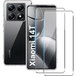 2 x for Xiaomi 14T Case with [2 Pack] Tempered Glass Screen Protector, (Clear TPU) Shockproof Bumper Cover Anti-Scratch Protective Slim Thin Crystal Phone Case for Xiaomi 14T