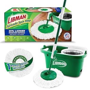 Libman Tornado Spin Mop System with Bucket & Wringer, 1 Refill Head | Microfiber spin mop with bucket & wringer; for hardwood, laminate, tile, all-surface cleaning; 2 total heads included