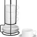 YOLIFE 2.5oz Espresso Cups Set of 4, Porcelain Stackable Espresso Cups with Saucers and Metal Stand, Expresso Shots Cup -White