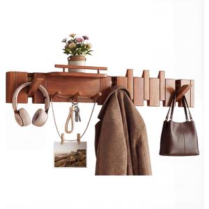 Mid Century Modern Wood Coat Rack Wall Mount with Shelf, 9 Hooks, Walnut
