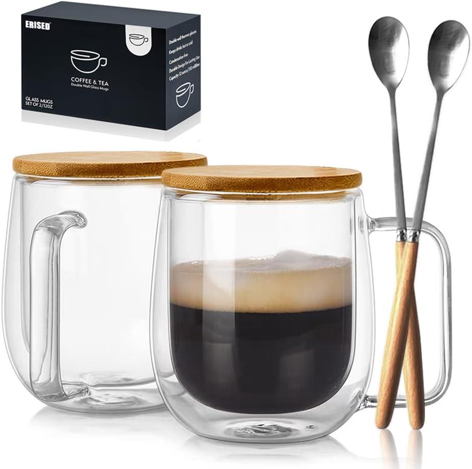 Mugs 12 oz Glass Espresso Cup with Lids Spoon - Double Wall Insulated Clear Coffee Mugs With Handle & Suspended Base Design - Thick Expresso Coffee Cups For Americano, Lattes, Tea (Set of 2,Gift Box)