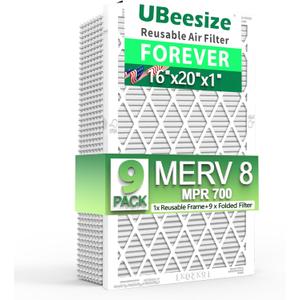 UBeesize Air Filter 16x20x1(9-Pack), MERV 8 MPR 700 AC/HVAC Furnace Air Filters,Deep Pleated Air Cleaner,1x Reusable Plastic Frame+9 x Filter Replacements,Breathe Fresher Home And Office