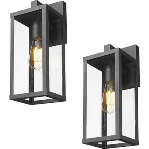Outdoor Wall Light with Clear Glass, Anti-Rust Exterior Wall Sconce, Weather Resistant Outdoor Lantern, Exterior Lighting for Porch, Patio, Garage, Entryway (Black, 15.5" Height-2 Pack)