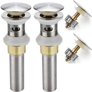 Rockgoya Bathroom Sink Drain,2 Pack Drain Stopper Bathroom Sink with Overflow,  Pop Up Drain Assembly with Detachable Strainer Basket, Built-in Anti-Clogging Strainer, Stainless Steel Brushed Nickel