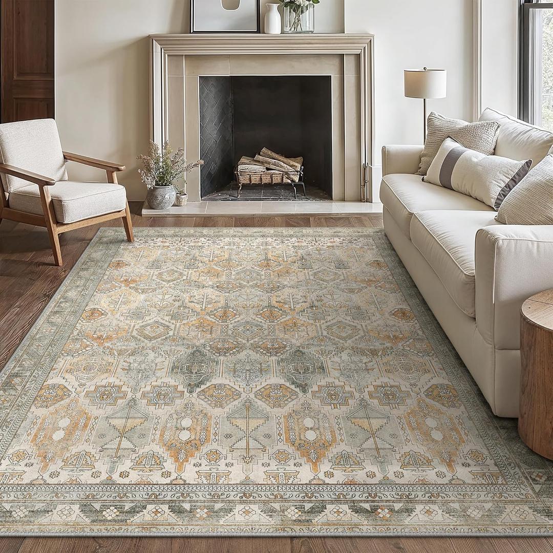 Bavni Washable Rug 8x10 Area Rug for Living Room Bedroom Dining, Washable Vintage Print Carpet, Ultra-Thin Chenille Low Pile Lightweight Rug with Non Slip Backing, Warm Gray Light Gold