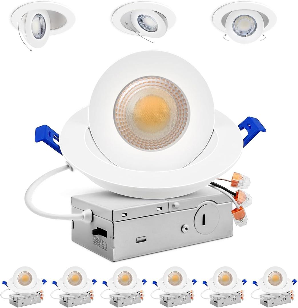 Adetu 4 inch 5CCT Gimbal Led Recessed Lights, 360+90 Adjustable Directional Recessed Lighting, 2700K/3000K/3500K/4000K/5000K Dimmable Retrofit Eyeball Can Lights with Jbox, ETL(White, 6 Pack)
