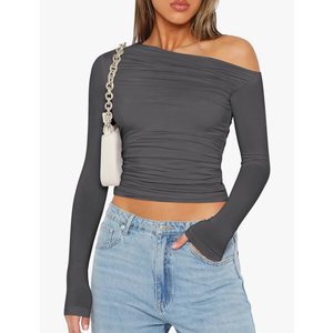 Zeagoo Womens Long Sleeve Off The Shoulder Casual Crop Tops Boat Neck Going Out Slim Fit Y2K T Shirts 2025,L