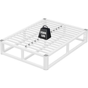 14 Inch Queen Bed Frame with Rounded Corner and Headboard Hole, Metal Platform Bed Frames 6 Non-Slip Guards, 3500lbs Heavy Duty Steel Slat Support, Squeak Free, No Box Spring Needed, White