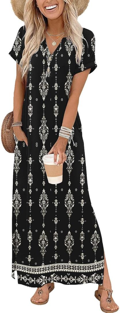 Zeagoo Summer Dresses for Women 2026 Maxi Dresses Vacation Sundress Short Sleeve Casual Sundresses Split Dress with Pockets (Small, Floral-mz921)