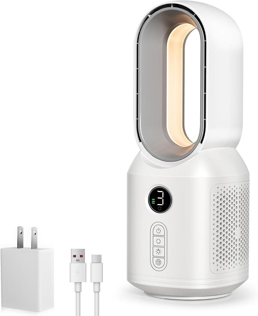 Desk Fan,13 Inch Portable Bladeless Fan, Small Quiet Office Fan with 106 Oscillating, 3 Speeds & Night light, LED Display, Button Control, Personal Table Fan for Bedroom, Office, Home, Study Room (White)