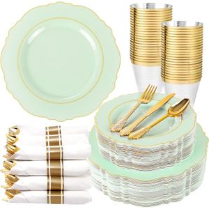 Liacere 350PCS Light Green Plates - Disposable Green and Gold Plastic Plates 50guest Baroque Dinnerware include 100Plates,50Pack Pre Rolled Napkins with Silverware 50Cups for Wedding  Party & Spring