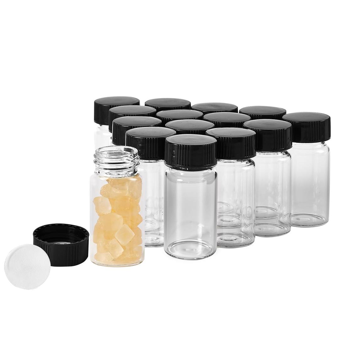 15 PCS 5 Dram Glass Vials, Small Liquid Sample Vial,27.5x57 mm 20ml Borosilicate Glass Empty Vials with Caps, Leak-Proof Vial,24-400 Black Screw Caps with PE Liner