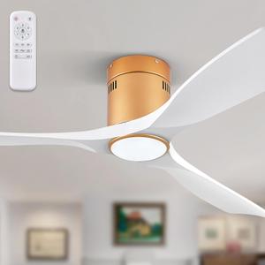 52" Ceiling Fans with Lights and Remote Control,Modern Flush Mount Ceiling Fan with 3 LED Colors,Outdoor Low Profile Ceiling Fans with 6-Speeds Timer DC Motor for Bedroom Living Room Patio (Gold & White)