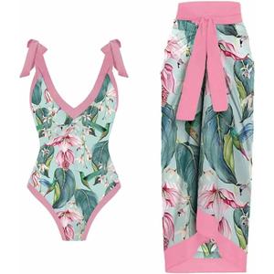 ZDRZK Sexy One Piece Swimsuit for Women with Matching Cover Ups Sarong Retro Floral Print Bikini Set Two Piece Bathing Suit  (#T03-pink 2pcs) XL