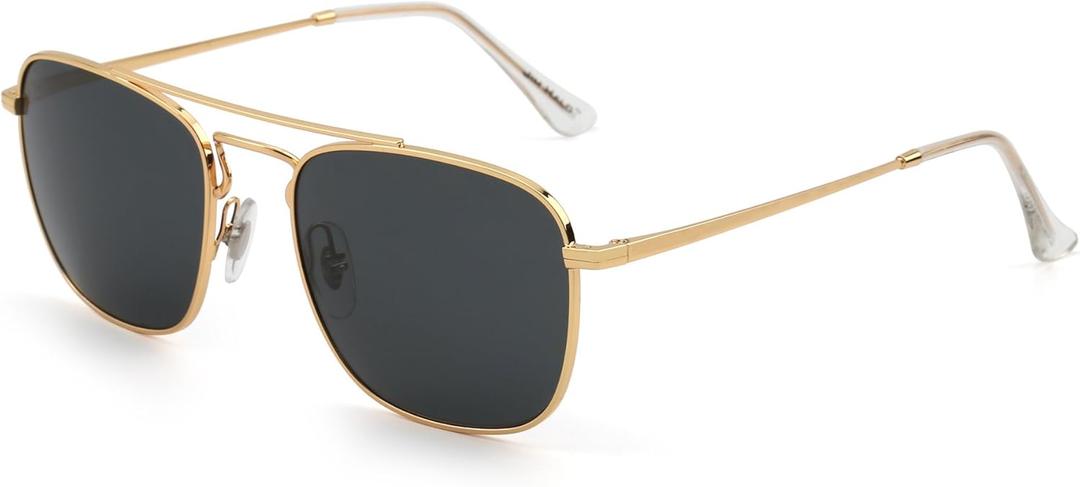 JIM HALO Retro Square Aviator Sunglasses Premium Glass Lens Flat Metal Eyewear Men Women (Gold Frame / Dark Grey Lens)