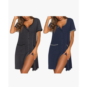 Ekouaer Nightgowns for Women 2 Pack Button Down Sleep Shirts Short Sleeve Nightshirt Sleepwear House Dress with Pockets, Large