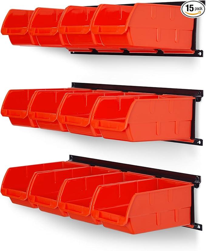 Ultrawall Wall Mounted Storage Bins, Plastic Hanging Storage Organizer Bins, Garage Tool Storage System for Screws, Nuts, Bolts, Nails, and Small Hardware Parts, 12x bins & 3 x Rails, Red