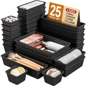 KEMETHY 25 PCS Plastic Drawer Organizers Set, 4 Sizes Vanity Organizer, Makeup and Desk Drawer Organizer Trays, Organization and Storage for Makeup, Bathroom, Kitchen Utensils and Office (Black)