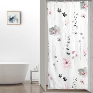 QiyI Small Stall Shower Curtain 36 x 72, Narrow Half Watercolor Floral Bath Curtain, 3D Embossed Grey Pink Flower Cloth Bathroom Curtain, Waterproof Fabric White Shower Curtain Set with Hooks (Graphite Gray)