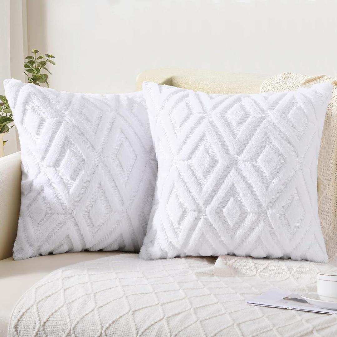 Pallene Spring Pure White Throw Pillow Covers 18x18 Set of 2, Soft Plush Faux Fur Decorative Couch Pillow Covers for Sofa Bed Living Room Pillow Cases with 3D Diamond Pattern