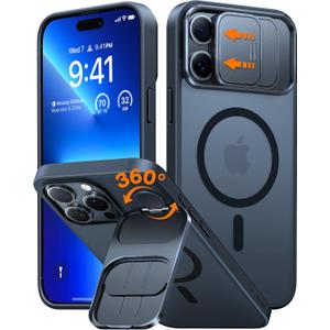 TORRAS for iPhone 15 Pro Case with Slide Camera Cover & Rotatable Kickstand, Magnetic Shockproof, Military Grade Drop Protection, Fit for MagSafe, Anti-Scratch & Anti-Fingerprint, Translucent Black