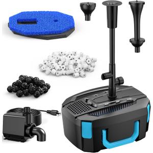 850GPH All-in-1 Pond Pump and Filter Kit for Ponds Up to 750 Gallons | High Flow Submersible Fountain Pump for Koi Ponds, Bird Baths & Water Features, 4-Layer Filters with 3 Spray Patterns -No LED
