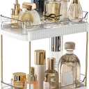 2 Tier Bathroom Counter Organizer, Removable Clear Tray Vanity Shelf for Makeup, Perfume, Skincare, Slide out Cosmetics Countertop Storage Rack for Bathroom Dresser, White
