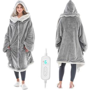 Wearable Heated Blanket with Zipper Design, Electric Wearable Throw Blanket with Sleeves, Hood, Heated Hoodie Blanket, Wearable Electric Blanket with 8 Heating Levels, 1-10H Auto-off Settings, 43*60"