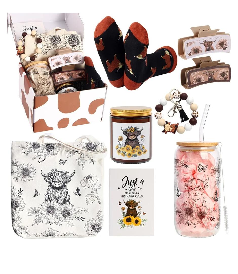 Highland Cow Gifts for Women Highland Cow Stuff Cow Themed Gifts for Cow Lovers Include Canvas Tote Bag Hair Claw Clips Keychain Socks Candle Card for Highland Cow Lover Birthday Christmas